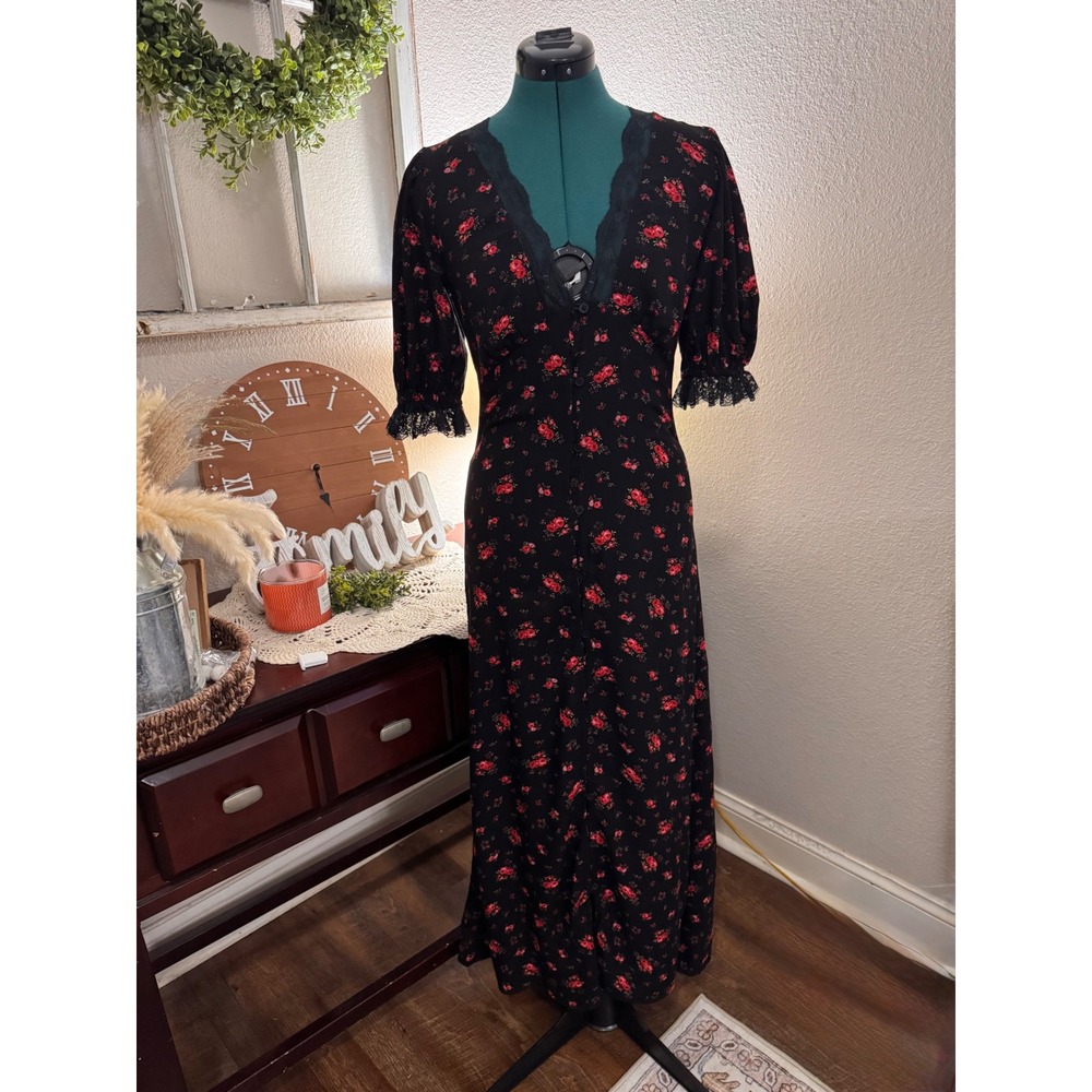 Miss Selfridge Black Rose Floral Lace Button Front Maxi Dress Size 2